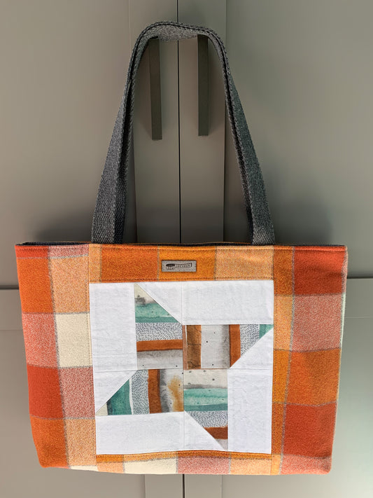 Midi Quilt Block Tote / Orange Flannel / Multi Stripes